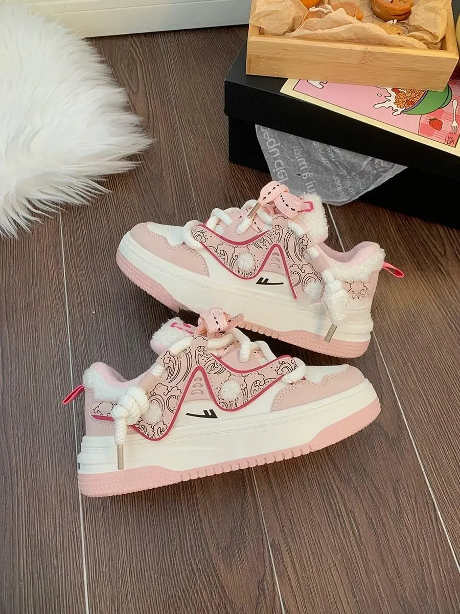 Chunky Sneakers for Women, Dopamine Color Platform Shoes, Warm & Stylish Plush Sole Sneakers, Height-Boosting & Durable for Autumn and Winter
