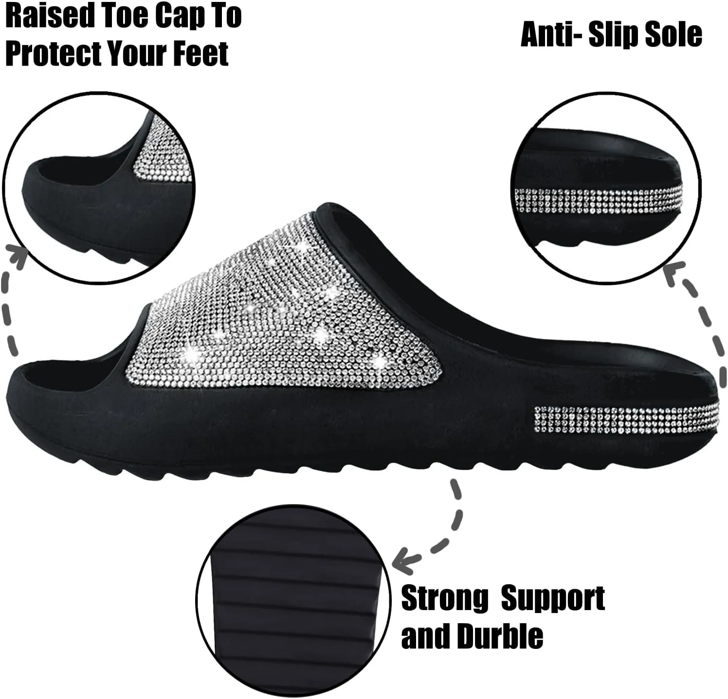 Cloud Slides for Women Thick Sole Sandals Quick Drying Shower Shoes EVA Non-Slip Rhinestone Slippers Glitter Crystal
