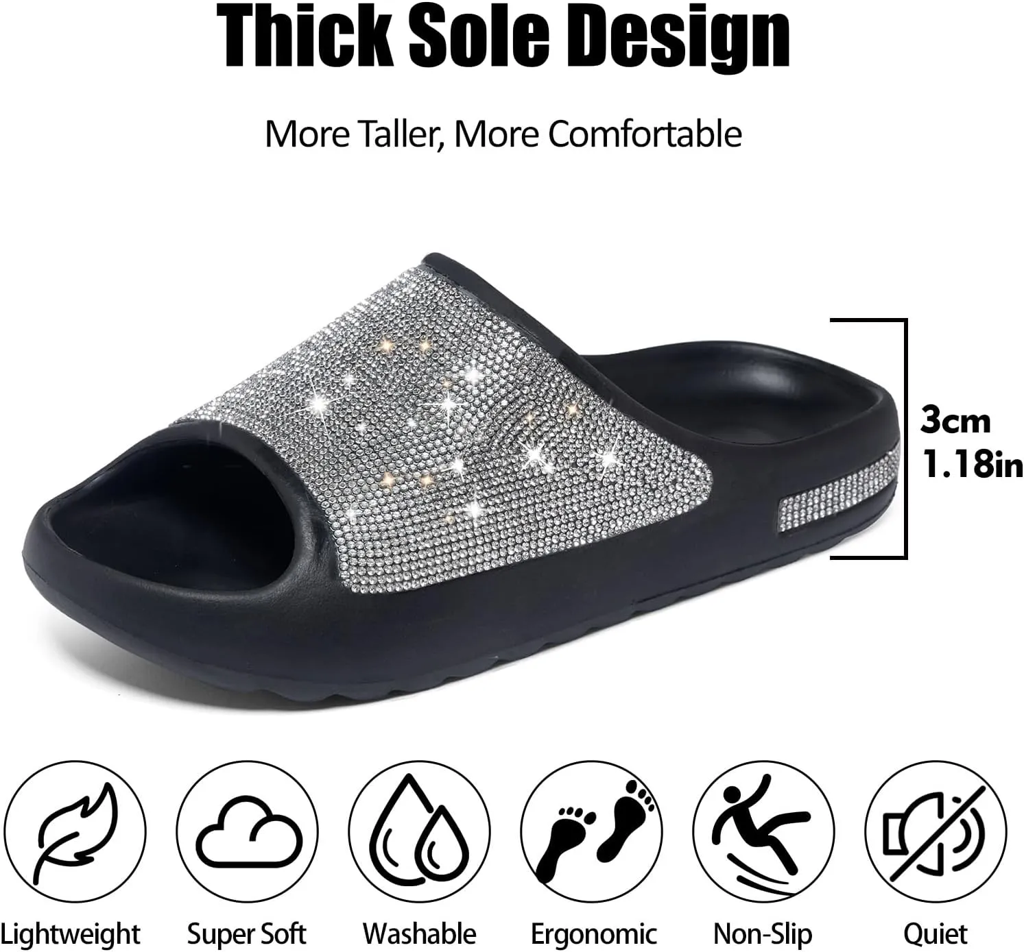 Cloud Slides for Women Thick Sole Sandals Quick Drying Shower Shoes EVA Non-Slip Rhinestone Slippers Glitter Crystal