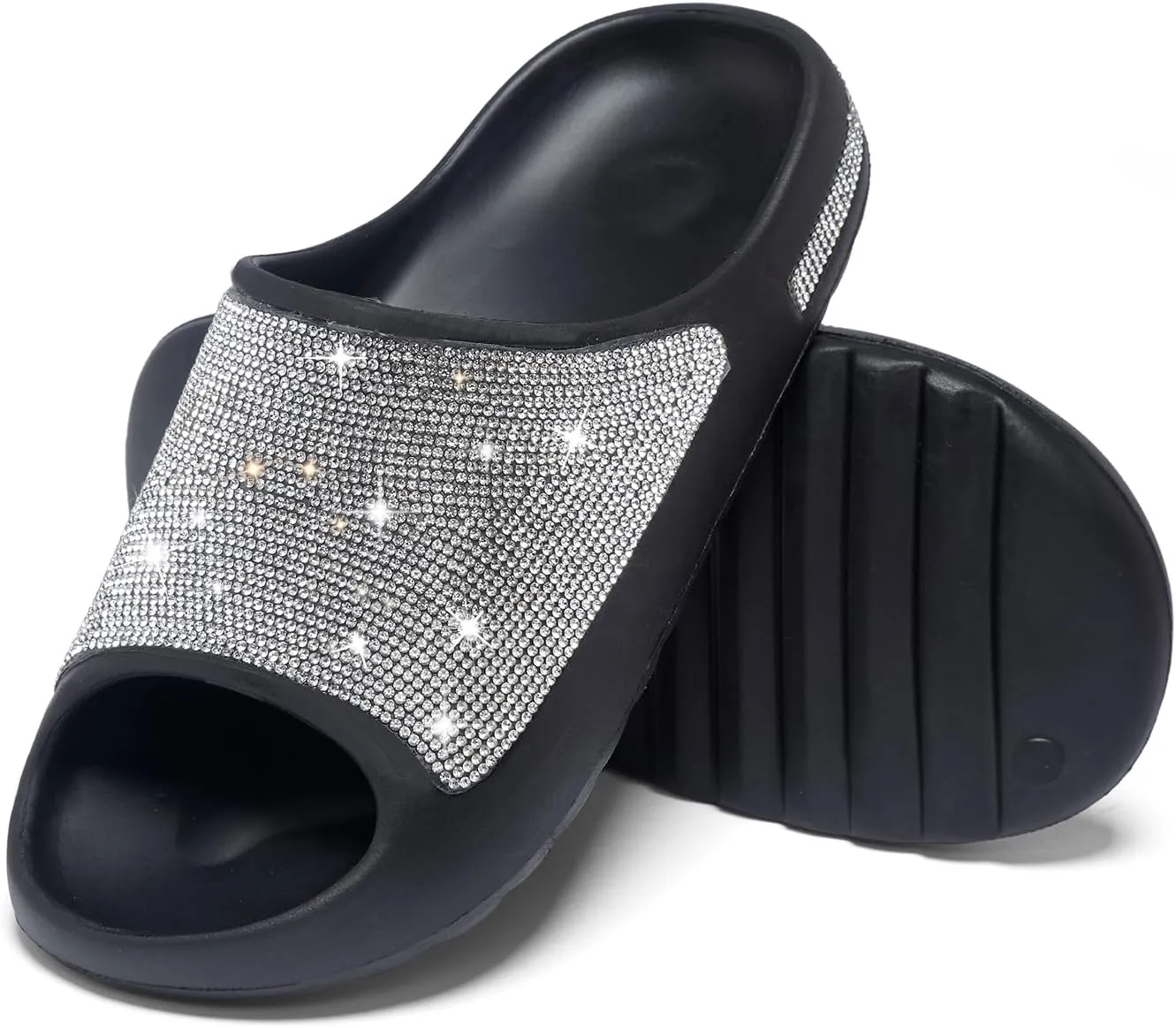 Cloud Slides for Women Thick Sole Sandals Quick Drying Shower Shoes EVA Non-Slip Rhinestone Slippers Glitter Crystal
