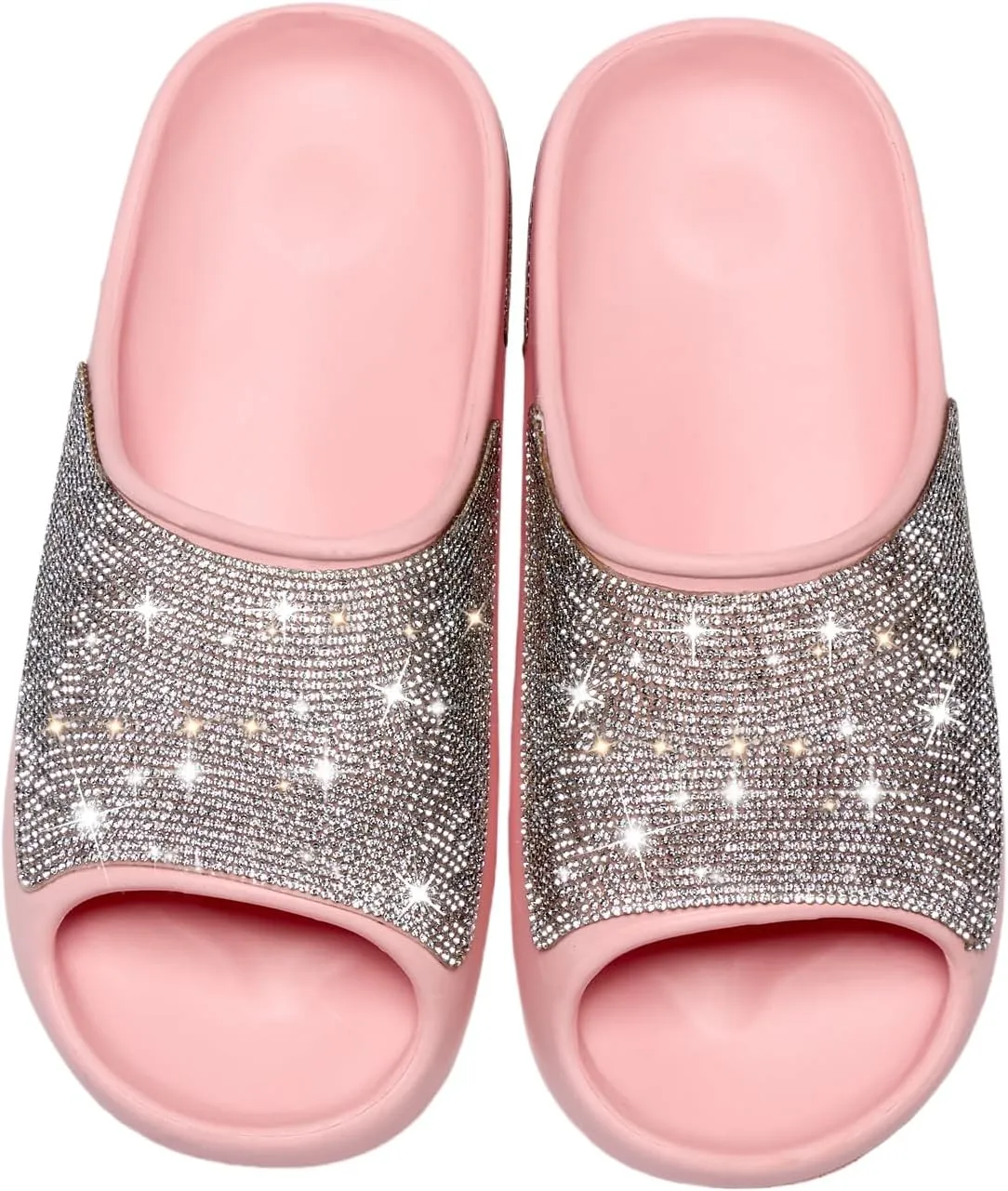 Cloud Slides for Women Thick Sole Sandals Quick Drying Shower Shoes EVA Non-Slip Rhinestone Slippers Glitter Crystal