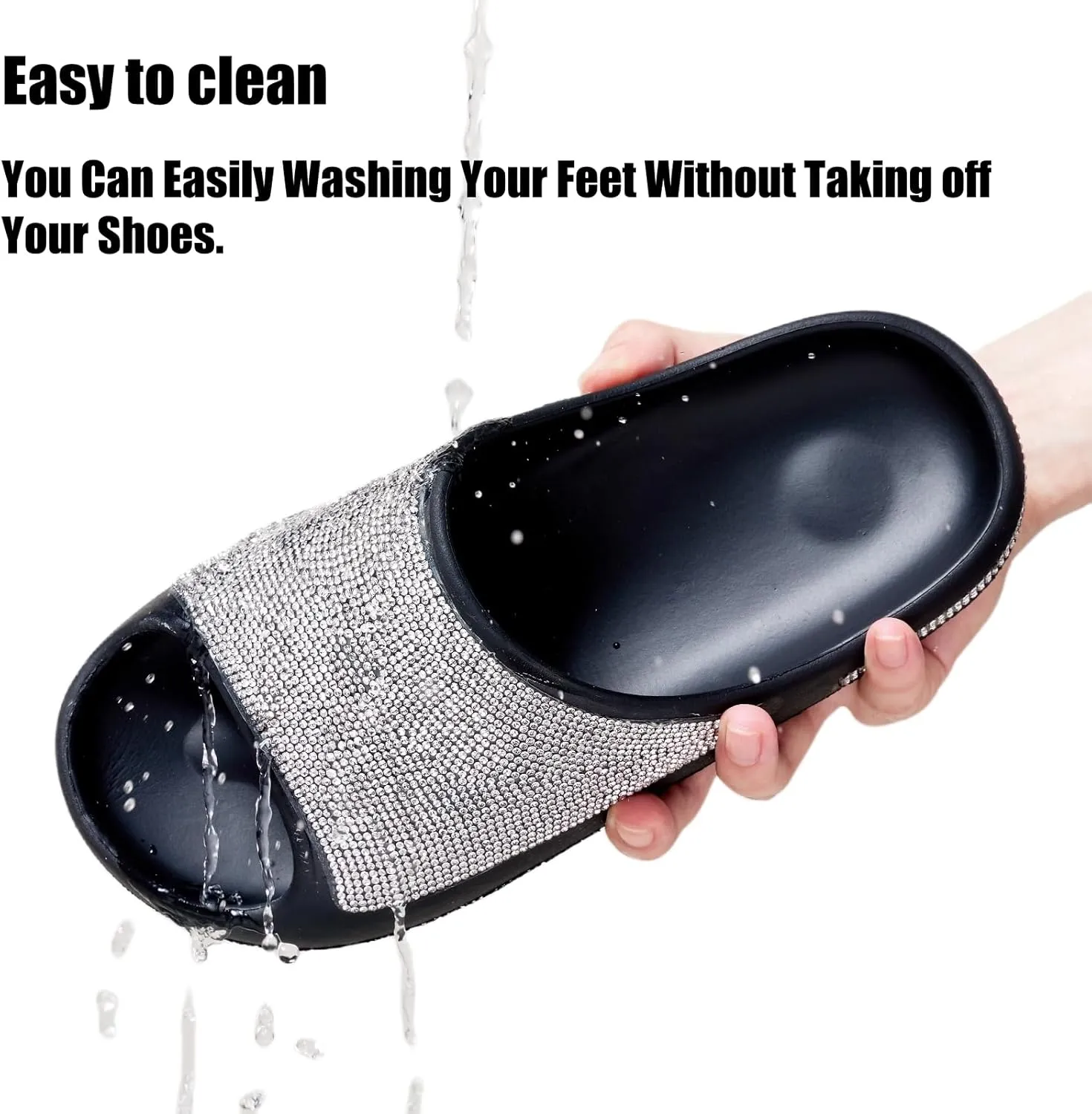 Cloud Slides for Women Thick Sole Sandals Quick Drying Shower Shoes EVA Non-Slip Rhinestone Slippers Glitter Crystal