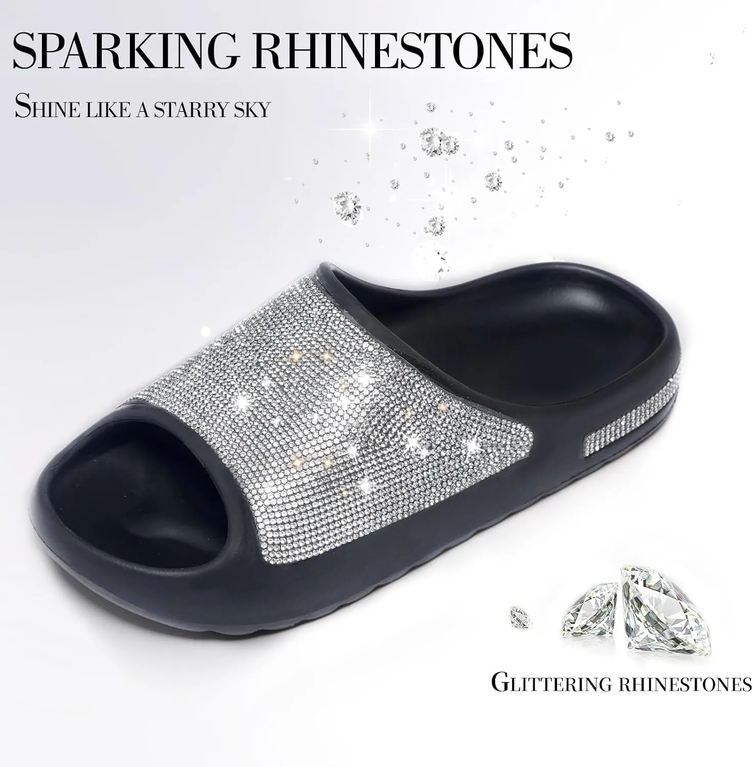 Cloud Slides for Women Thick Sole Sandals Quick Drying Shower Shoes EVA Non-Slip Rhinestone Slippers Glitter Crystal