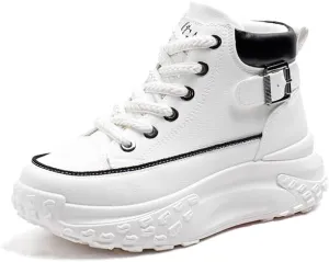 Comfortable High Top Platform Sneakers for Women - Trendy Lace Up Outdoor Shoes in Faux Leather