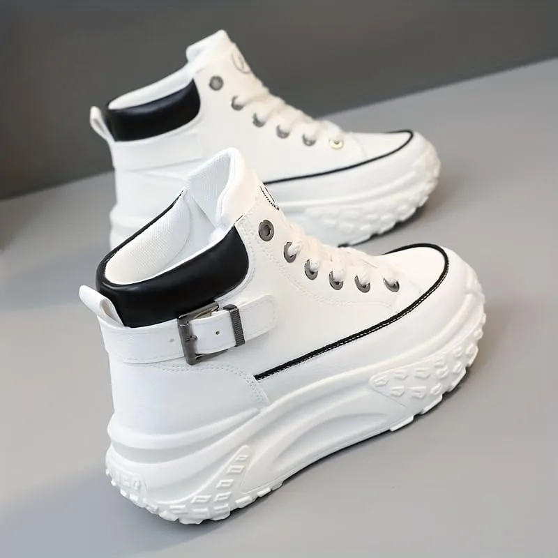 Comfortable High Top Platform Sneakers for Women - Trendy Lace Up Outdoor Shoes in Faux Leather
