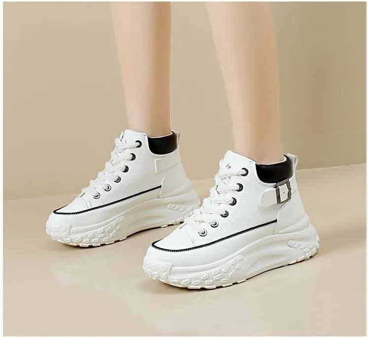 Comfortable High Top Platform Sneakers for Women - Trendy Lace Up Outdoor Shoes in Faux Leather