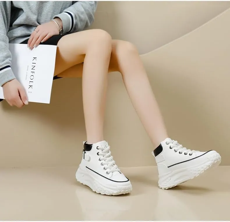 Comfortable High Top Platform Sneakers for Women - Trendy Lace Up Outdoor Shoes in Faux Leather
