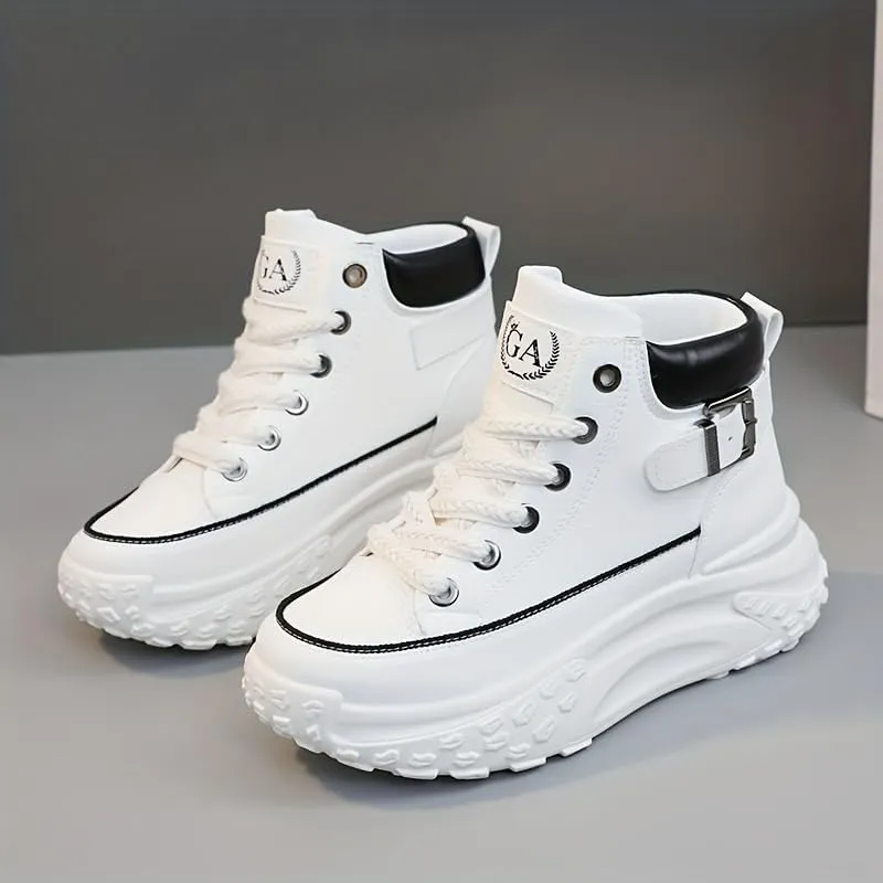 Comfortable High Top Platform Sneakers for Women - Trendy Lace Up Outdoor Shoes in Faux Leather