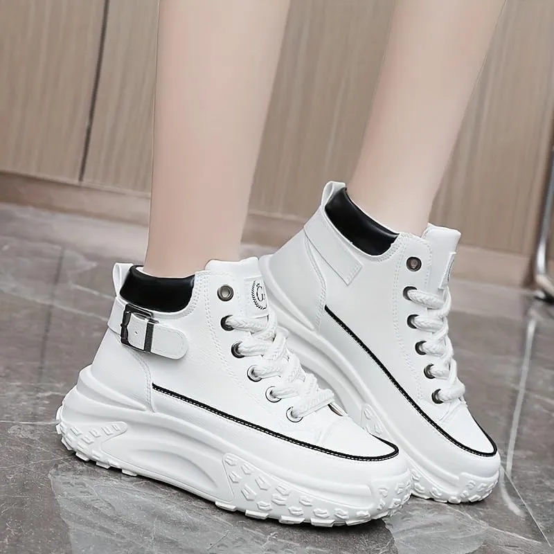 Comfortable High Top Platform Sneakers for Women - Trendy Lace Up Outdoor Shoes in Faux Leather