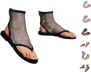 Comfortable Shiny Gem Mesh Flats,Ballet Flats for Women Sandals Women Dressy Summer Flat Shoes Slip On Sandals,Sexy Flat Cutout Sparkly Casual Wedding Dress Flats,Rhinestone Short Boots