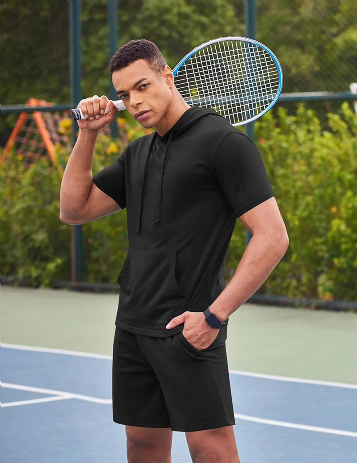COOFANDY Men's Tracksuit 2 Piece Hooded Athletic Sweatsuit Short Sleeve Casual Sports Hoodie Shorts Set