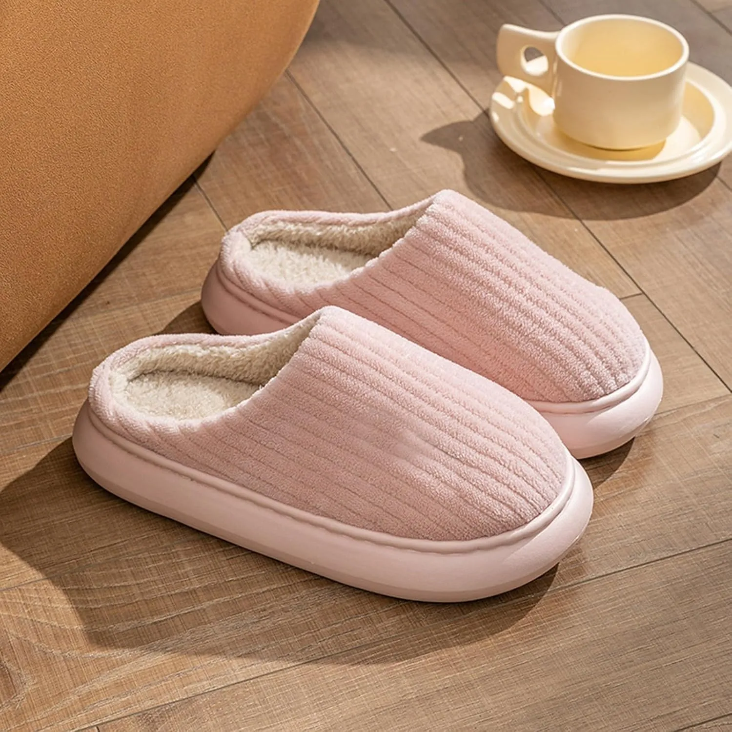 Cotton Slippers For Women Indoor Casual Striped Slip On Slipper Women Plush Lined Sort Sole Flat House Slipper