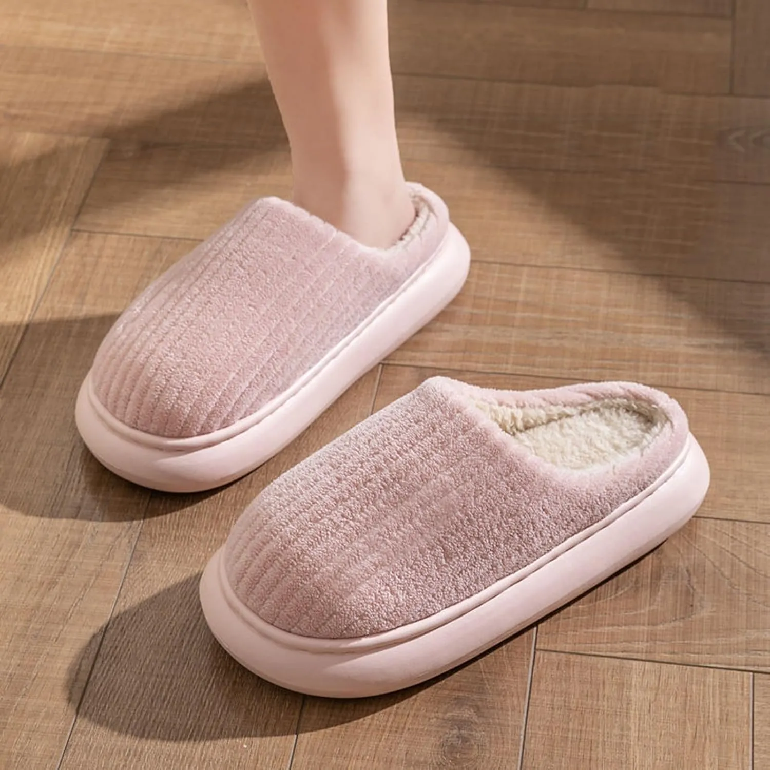 Cotton Slippers For Women Indoor Casual Striped Slip On Slipper Women Plush Lined Sort Sole Flat House Slipper