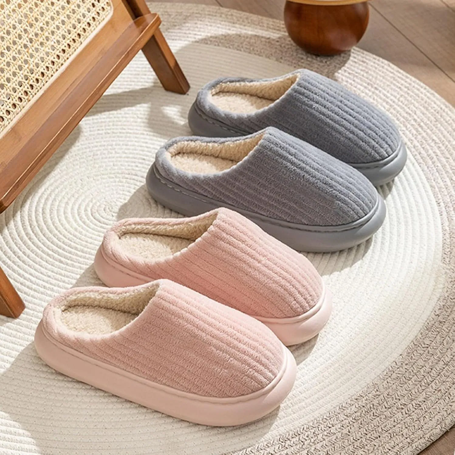 Cotton Slippers For Women Indoor Casual Striped Slip On Slipper Women Plush Lined Sort Sole Flat House Slipper