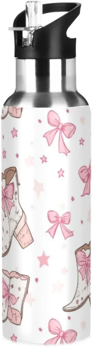 Cowgirl Boots Stars Water Bottle with Straw Lid Double Wall Pink Bow Thermos Bottle Vacuum Insulated Flask Stainless Steel Water Bottle for Gym Outdoor 20 OZ