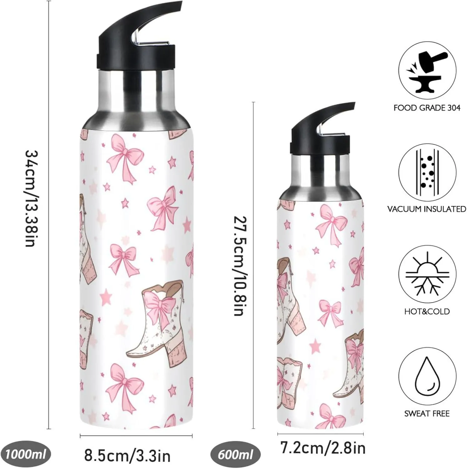 Cowgirl Boots Stars Water Bottle with Straw Lid Double Wall Pink Bow Thermos Bottle Vacuum Insulated Flask Stainless Steel Water Bottle for Gym Outdoor 20 OZ