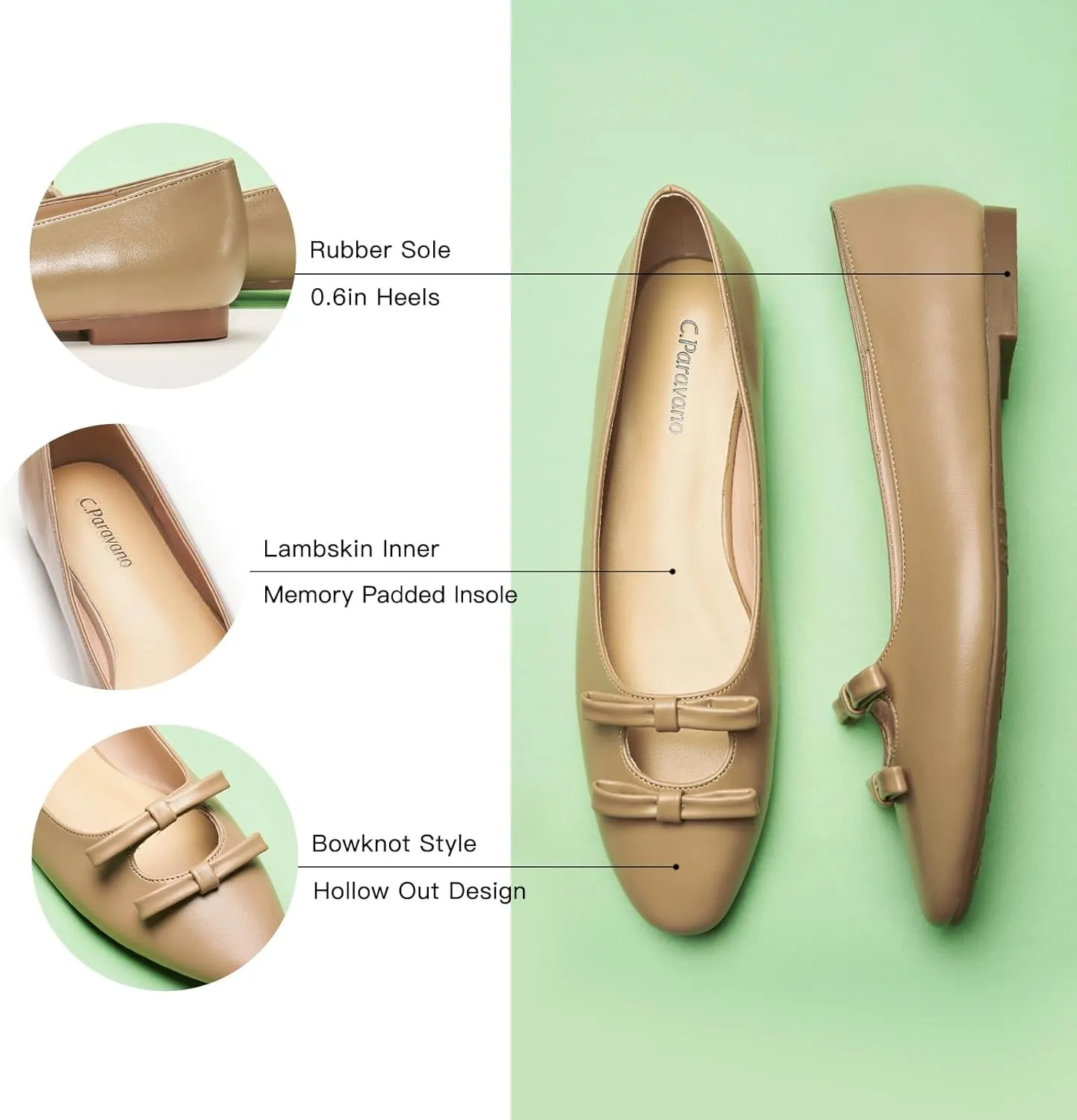 C.Paravano Women's Ballet Flats Bowknot Hollow-Out Design Round Toe Dress Shoes for Women Comfortable Business Office Work Casual Shoes
