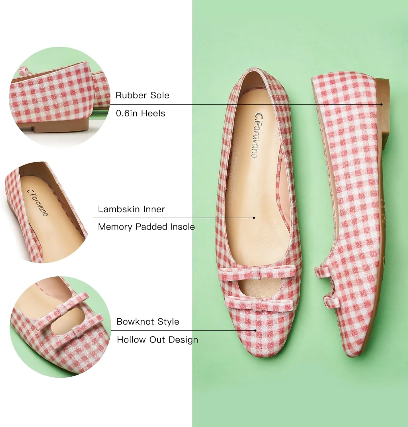 C.Paravano Women's Ballet Flats Bowknot Hollow-Out Design Round Toe Dress Shoes for Women Comfortable Business Office Work Casual Shoes