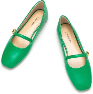 C.Paravano Women's Mary Jane Flats | Comfortable Square Toe Ballet Flats | Mary Jane Shoes with Strap | Casual Dress Flat Green Shoes for Work Party or Wedding (Size 9.5,Green)