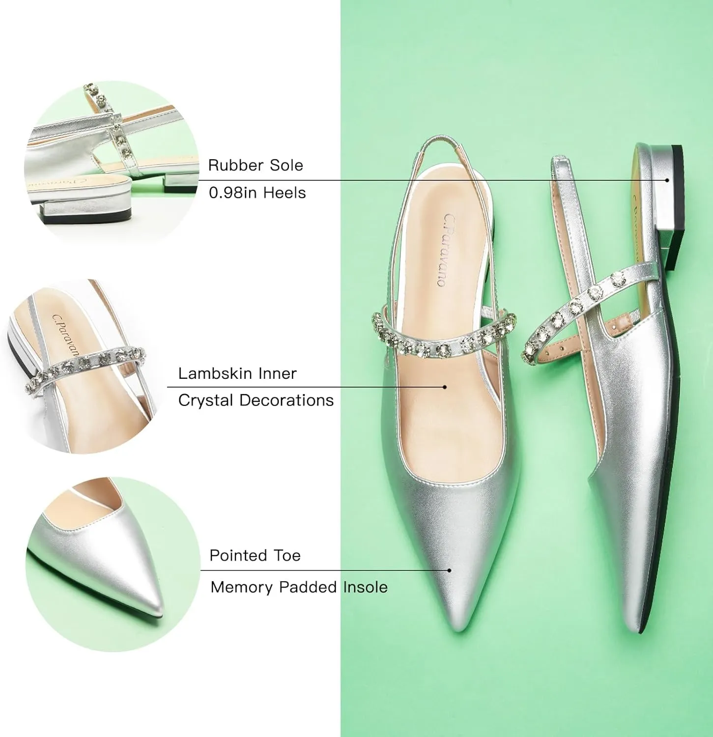 C.Paravano Women's Slingback Flats Crystal Strap Pointed Toe Sandals Comfortable Leather Dress Shoes for Wedding, Party, Work & Everyday Casual(Size 12,Silver)