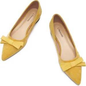 C.Paravano Women's Suede Bow Knot Ballet Flats Pointed Toe Slip-On Comfort Shoes for Casual & Formal Wear(Yellow,Size 7.5