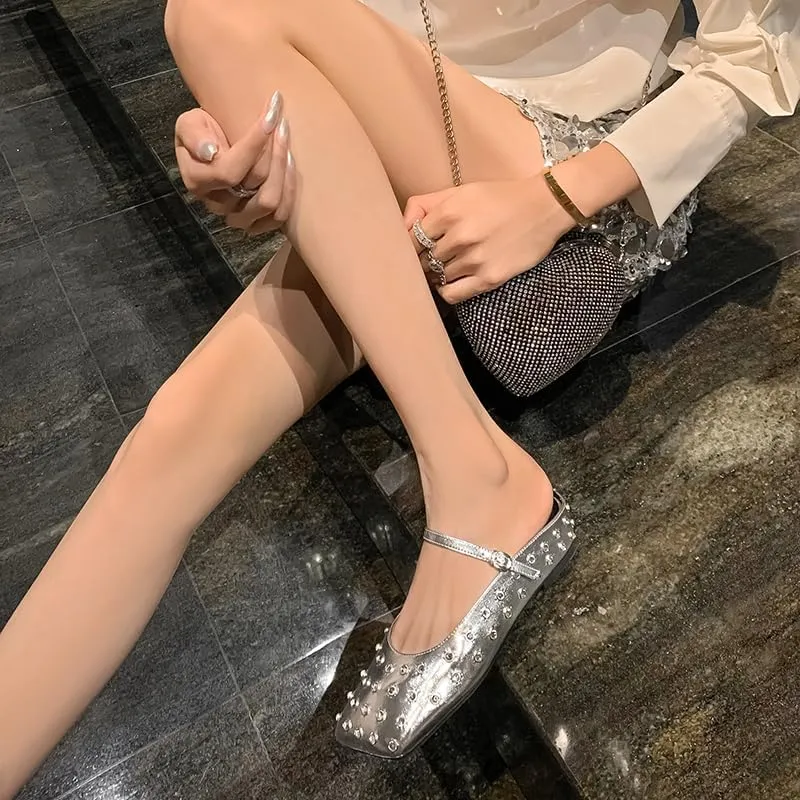 Crystal Rhinestone Ballet Flats for Women Diamond Mesh Round Toe Flat Slip On Low Heeled Flat Shoes Casual Dress Shoes