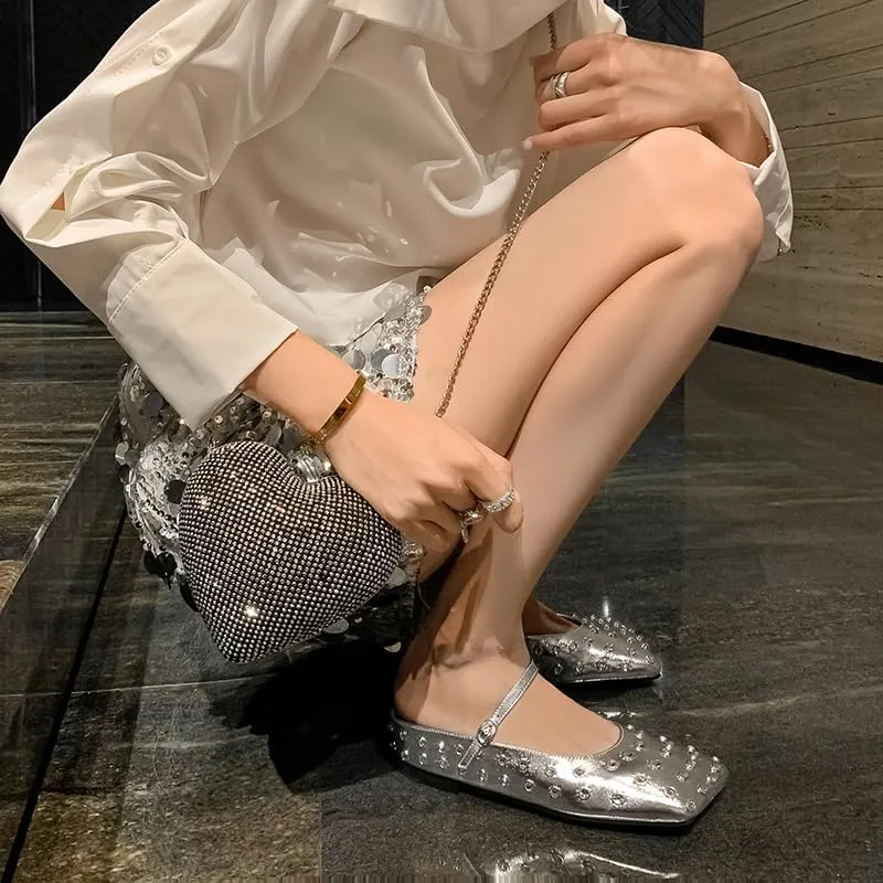 Crystal Rhinestone Ballet Flats for Women Diamond Mesh Round Toe Flat Slip On Low Heeled Flat Shoes Casual Dress Shoes