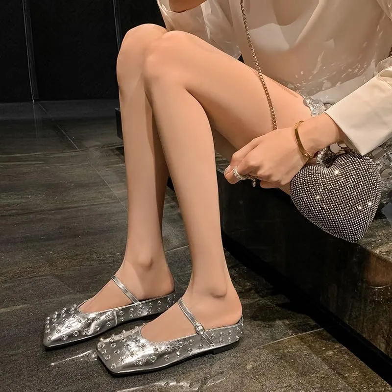 Crystal Rhinestone Ballet Flats for Women Diamond Mesh Round Toe Flat Slip On Low Heeled Flat Shoes Casual Dress Shoes