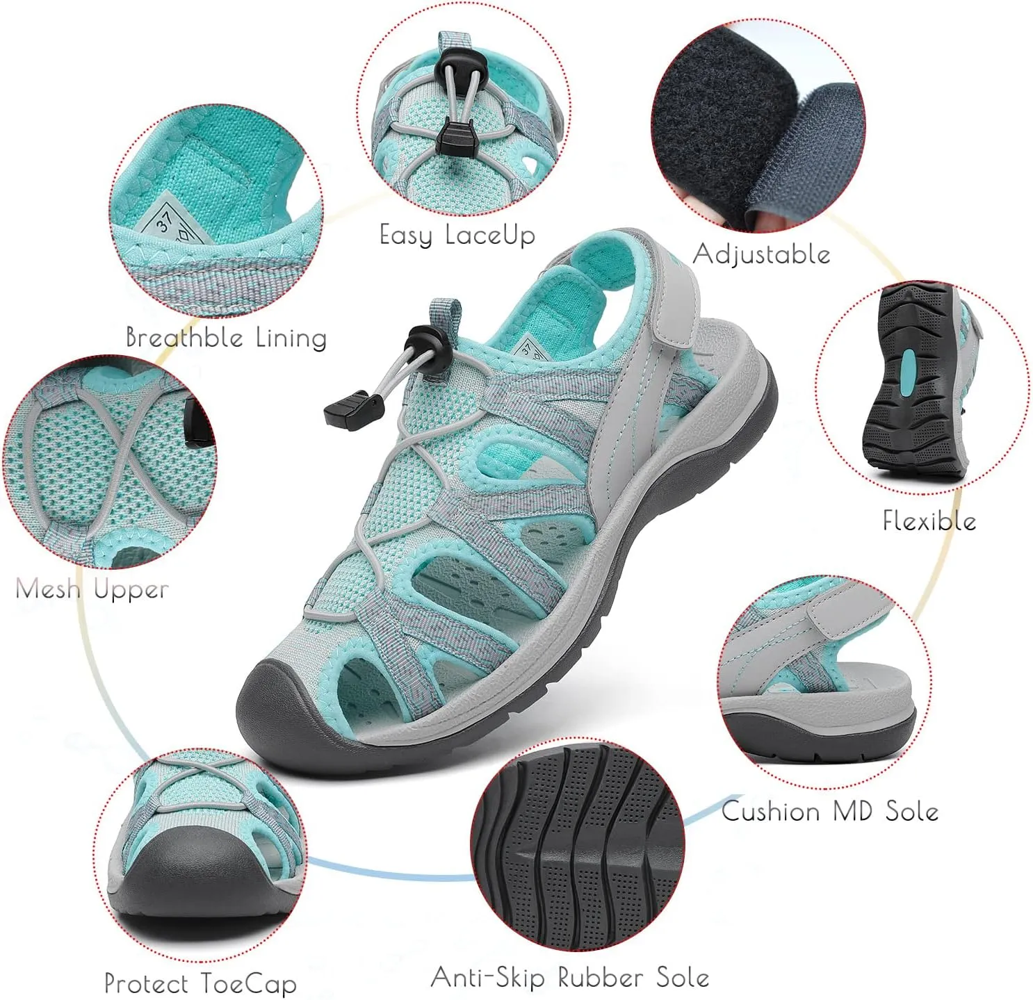 Dannto Women's Sport Sandals Close Toe Mesh Hiking Outdoor Athletic Casual Walking Sandals Water Shoes