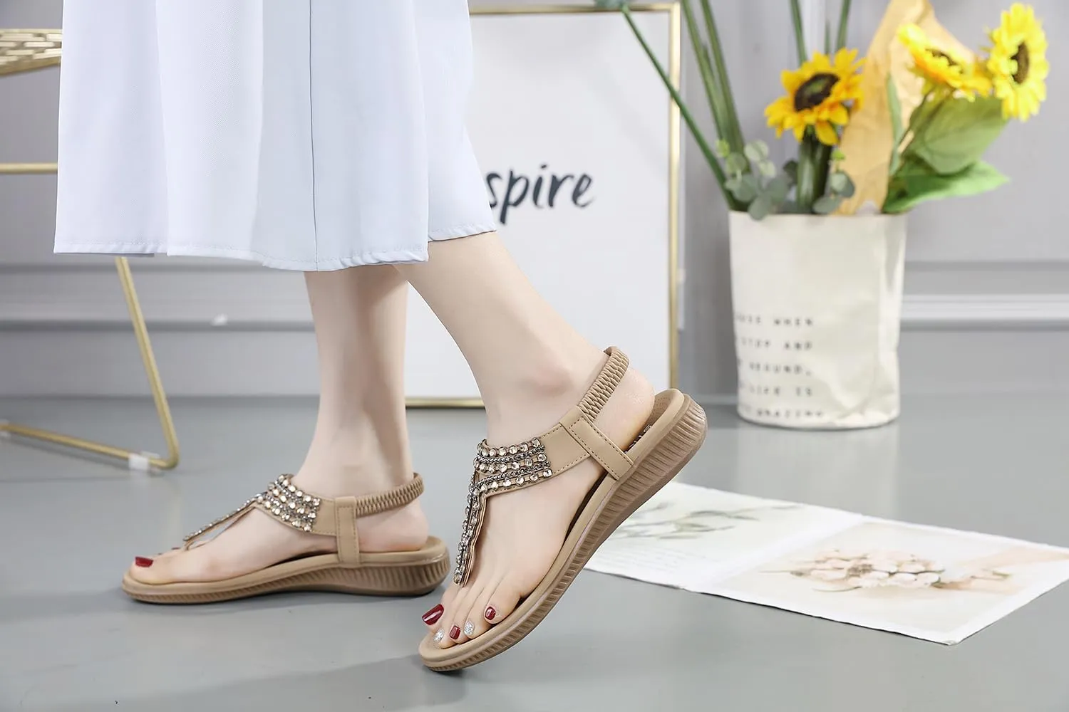 DKCHENH Womens Sandals Shoes Comfort Walking for Summer: Non Slip Casual Beach Shoes, Adorned with Ankle Elastic and Stunning Jeweled Bohemian Flats