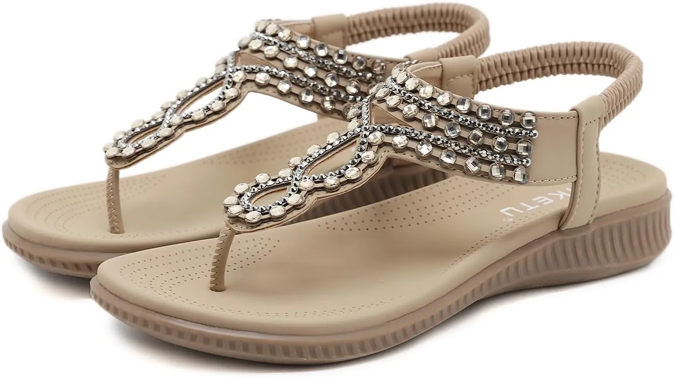 DKCHENH Womens Sandals Shoes Comfort Walking for Summer: Non Slip Casual Beach Shoes, Adorned with Ankle Elastic and Stunning Jeweled Bohemian Flats
