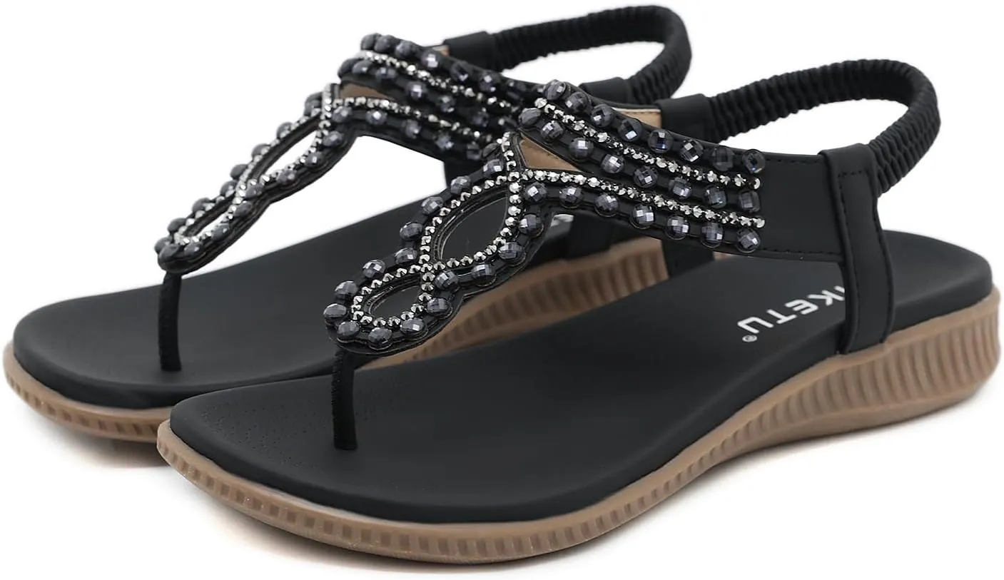 DKCHENH Womens Sandals Shoes Comfort Walking for Summer: Non Slip Casual Beach Shoes, Adorned with Ankle Elastic and Stunning Jeweled Bohemian Flats