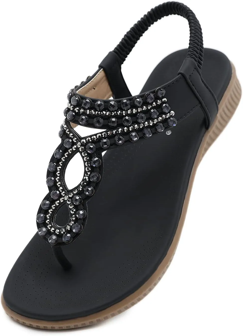 DKCHENH Womens Sandals Shoes Comfort Walking for Summer: Non Slip Casual Beach Shoes, Adorned with Ankle Elastic and Stunning Jeweled Bohemian Flats