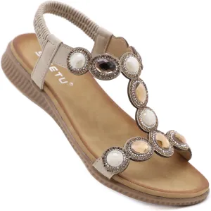 DKCHENH Womens Sandals Shoes Comfort Walking for Summer: Non Slip Casual Beach Shoes, Adorned with Ankle Elastic and Stunning Jeweled Bohemian Flats