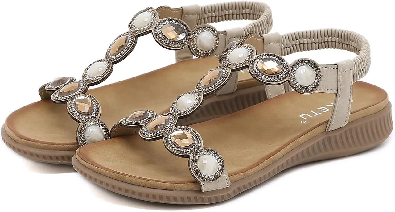 DKCHENH Womens Sandals Shoes Comfort Walking for Summer: Non Slip Casual Beach Shoes, Adorned with Ankle Elastic and Stunning Jeweled Bohemian Flats