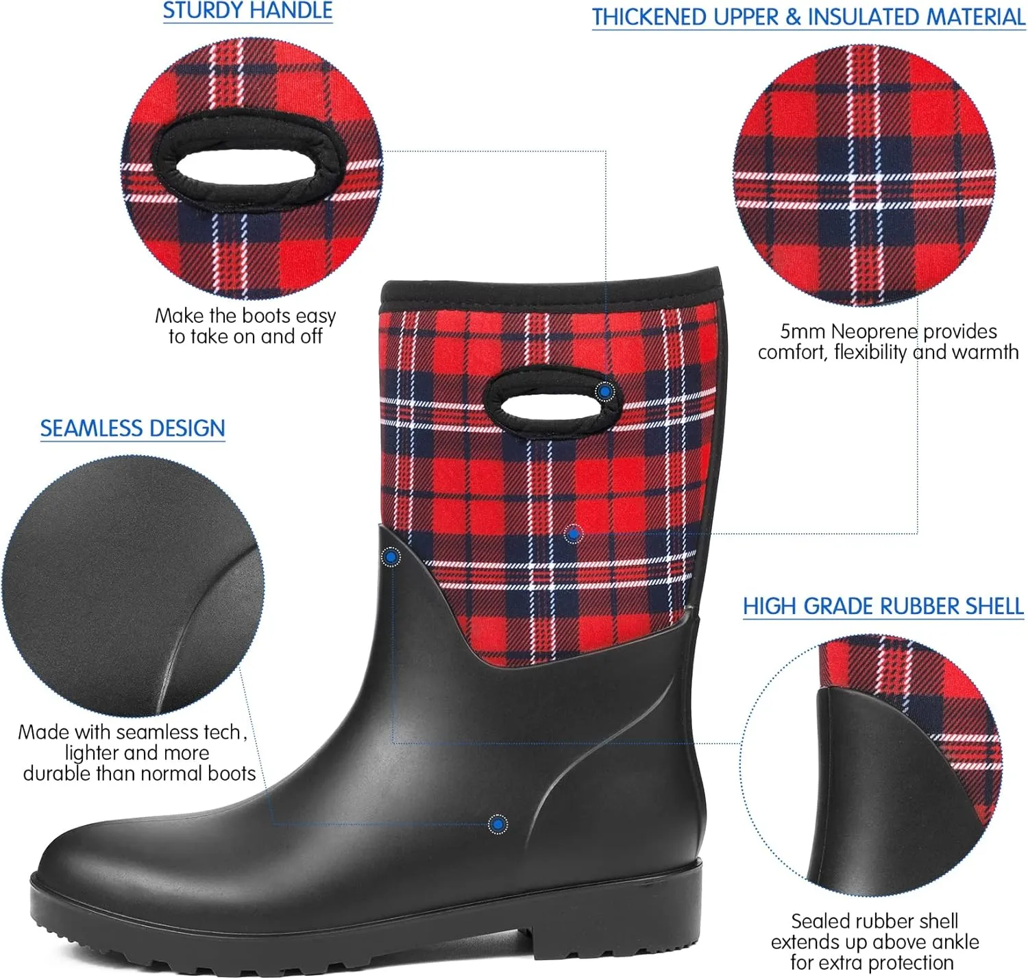 DKSUKO Women Rain Boots Waterproof,Rubber Tall Pull on Insulated Snow Mud Shoes