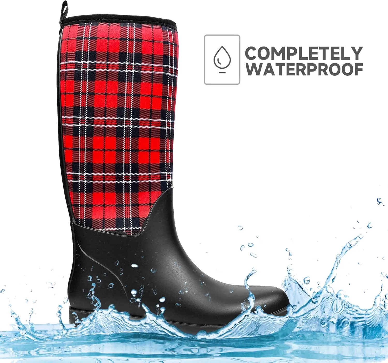 DKSUKO Women Rain Boots Waterproof,Rubber Tall Pull on Insulated Snow Mud Shoes