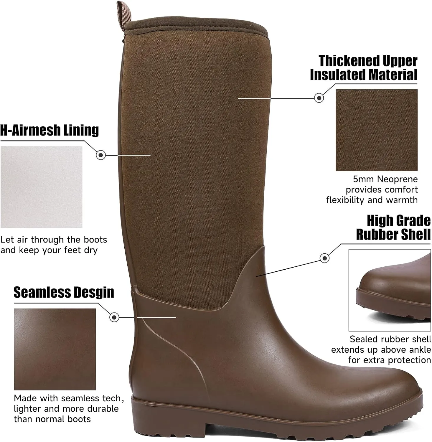 DKSUKO Women Rain Boots Waterproof,Rubber Tall Pull on Insulated Snow Mud Shoes