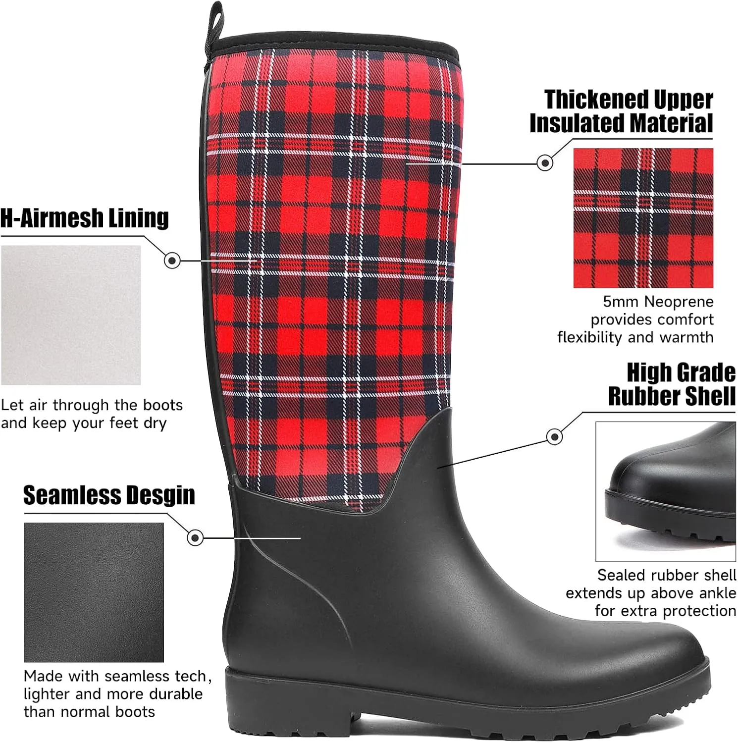 DKSUKO Women Rain Boots Waterproof,Rubber Tall Pull on Insulated Snow Mud Shoes