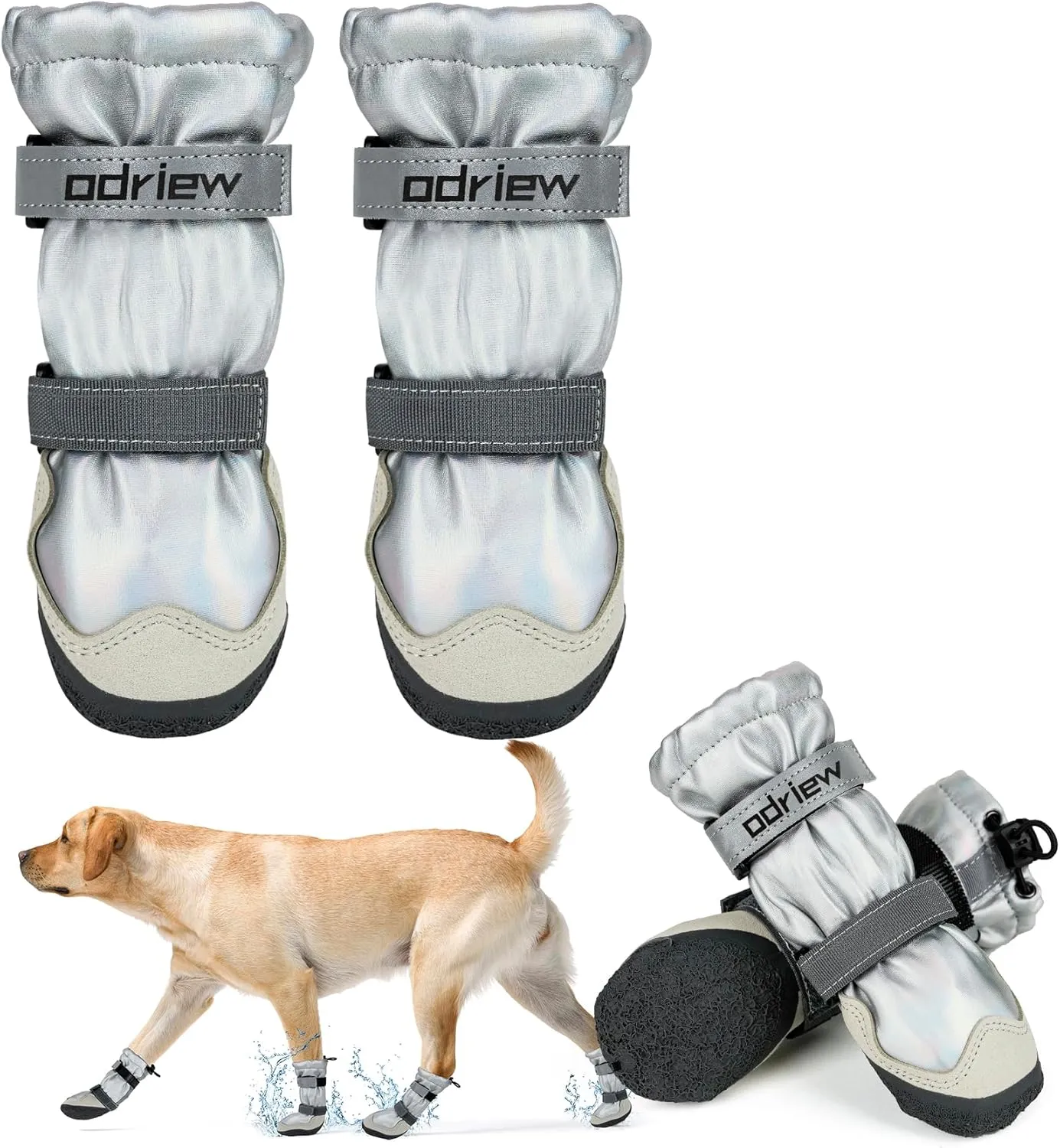 Dog Shoes Large Size Dogs, 4PCS Waterproof Dog Booties-Dog Boots & Paw Protectors, Medium Shoes for Dogs with Reflective Strip, Anti-Slip Sole for Rain, Snow and Summer Hiking. (Silver, 1)