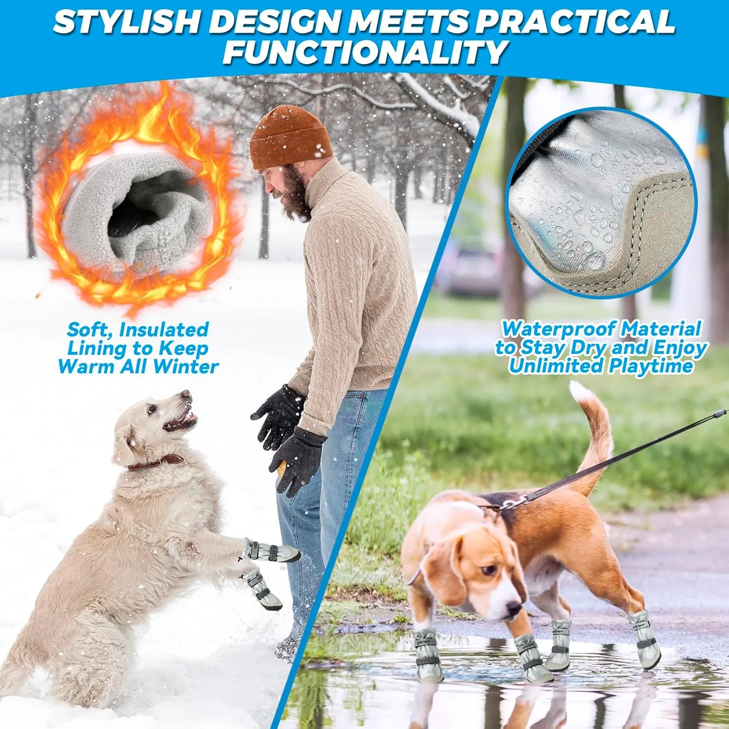 Dog Shoes Large Size Dogs, 4PCS Waterproof Dog Booties-Dog Boots & Paw Protectors, Medium Shoes for Dogs with Reflective Strip, Anti-Slip Sole for Rain, Snow and Summer Hiking. (Silver, 1)
