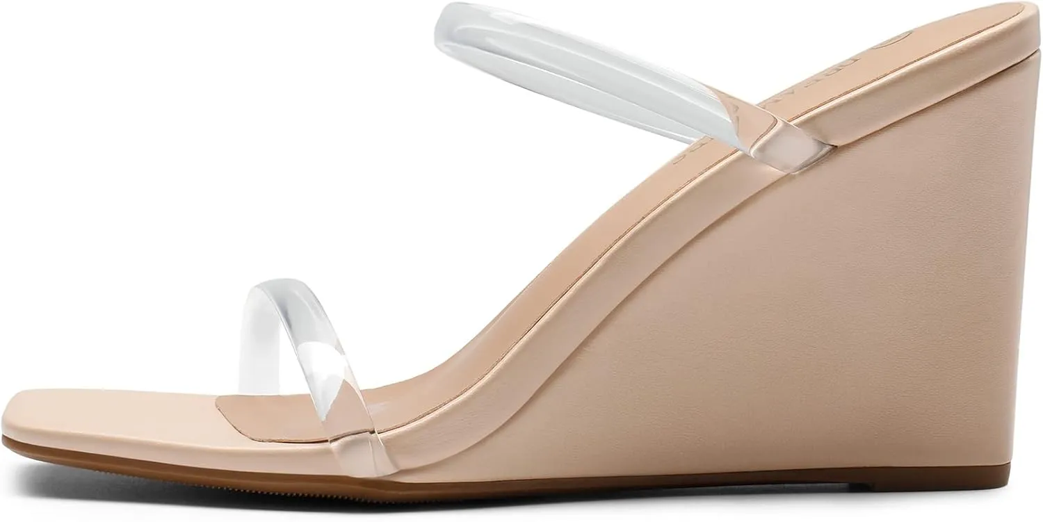 DREAM PAIRS Women's Slides Wedge Sandals Two Strap Square Open Toe Dress Shoes