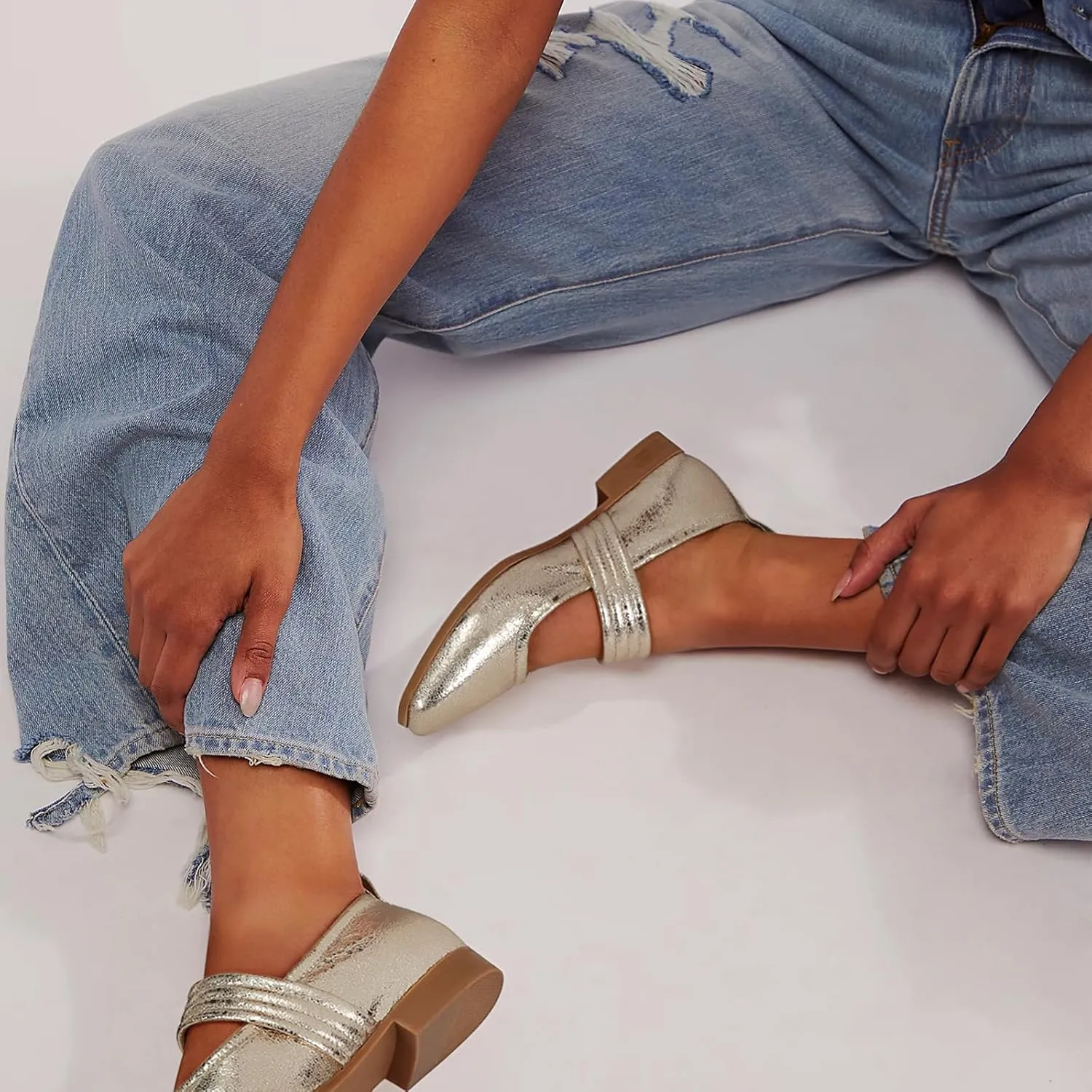 Dsevht Mary Janes Flats for Women Fashion Square Toe Flat Low Heel Easy Buckle Strap Flats Shoes