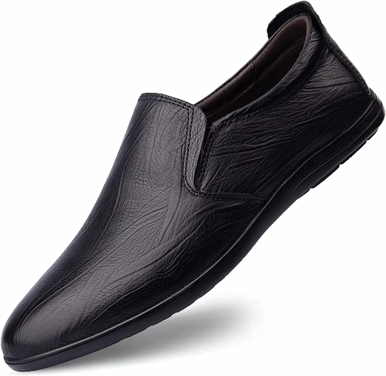 Easy to Put and Remove. Driving Moccasins for Men Cowhide Round Toe Anti-Slip Lightweight Flexible Resistant Flat Heel Walking Slip on for All Occasions