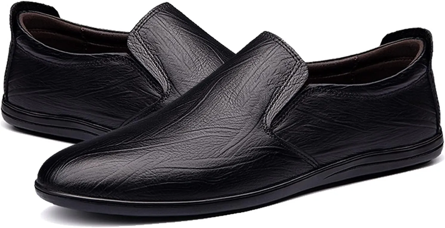 Easy to Put and Remove. Driving Moccasins for Men Cowhide Round Toe Anti-Slip Lightweight Flexible Resistant Flat Heel Walking Slip on for All Occasions