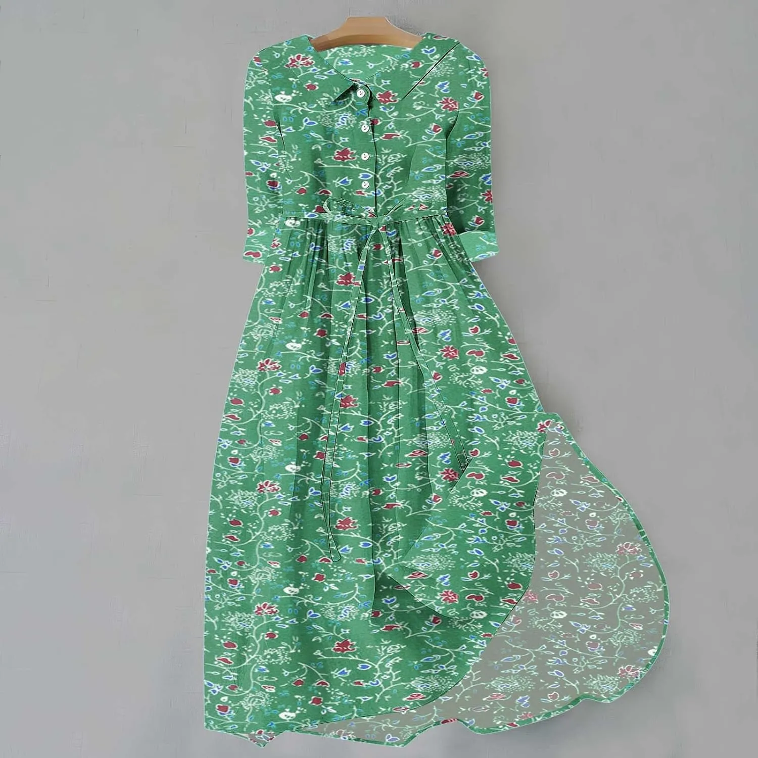 Fashion Women Summer Long Dresses Casual Floral Print 3/4 Sleeve Sundress Button Collar Swing Pleated Beach Dress