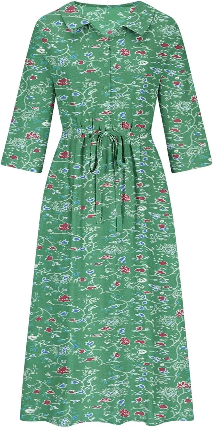 Fashion Women Summer Long Dresses Casual Floral Print 3/4 Sleeve Sundress Button Collar Swing Pleated Beach Dress