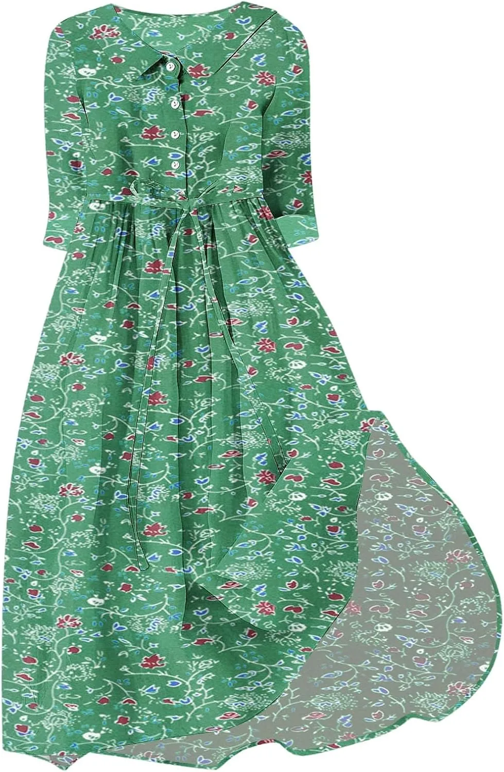 Fashion Women Summer Long Dresses Casual Floral Print 3/4 Sleeve Sundress Button Collar Swing Pleated Beach Dress