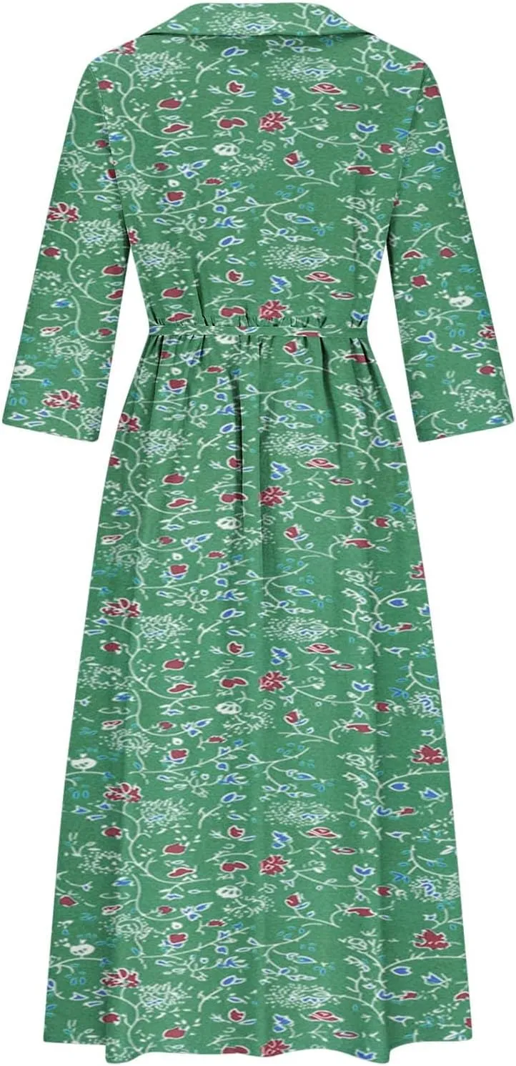 Fashion Women Summer Long Dresses Casual Floral Print 3/4 Sleeve Sundress Button Collar Swing Pleated Beach Dress