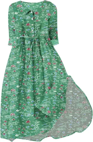 Fashion Women Summer Long Dresses Casual Floral Print 3/4 Sleeve Sundress Button Collar Swing Pleated Beach Dress